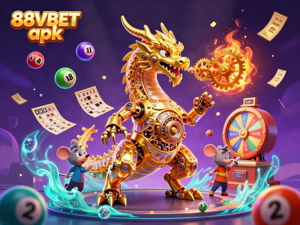Experience immersive gaming with 88VBET apk featuring the biomechanical golden dragon amidst vibrant lottery elements.