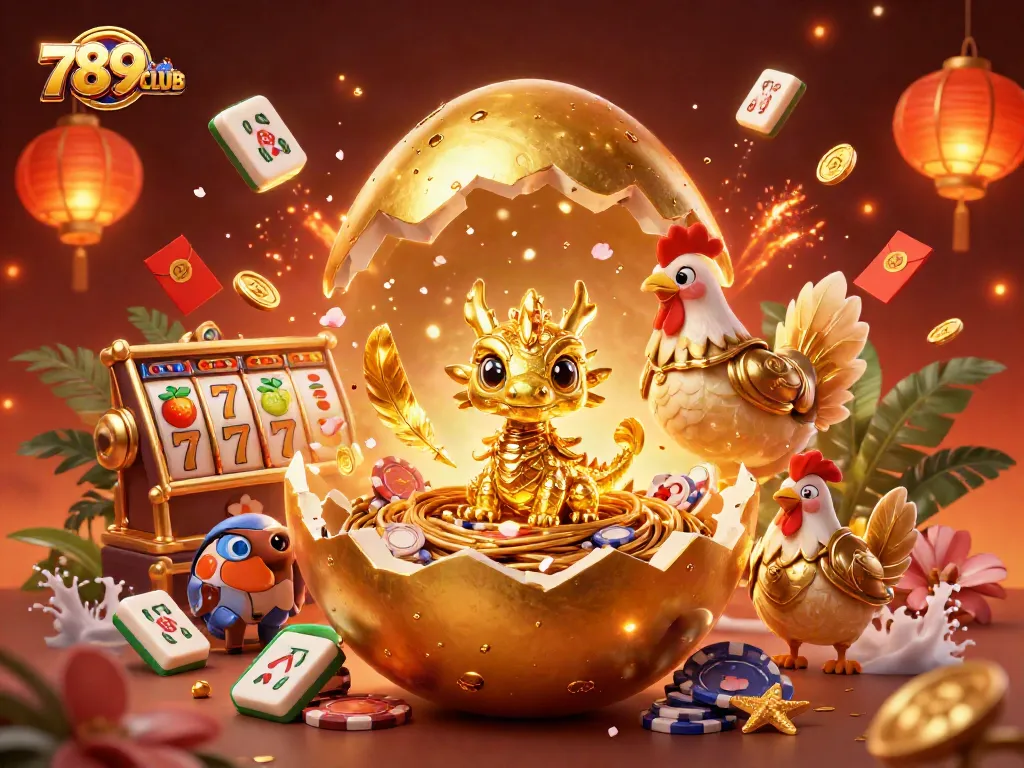 Engage in thrilling gameplay with 789CLUB's colorful casino scene featuring a golden dragon and lively gaming elements.