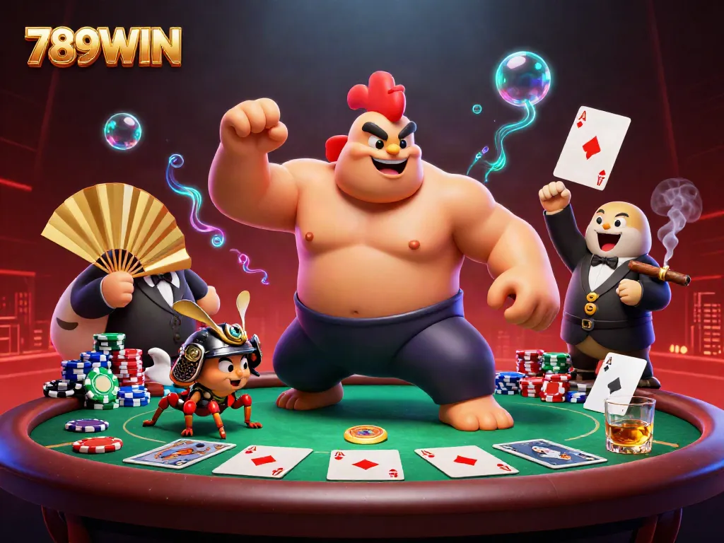 Witness the excitement of 789WIN through this dynamic casino scene featuring a sumo wrestler rooster and samurai cricket.