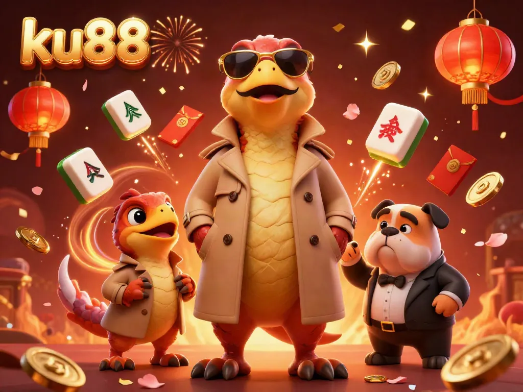 Experience the vibrant atmosphere of ku88 with fun raptor characters entering a casino, showcasing rich game elements.