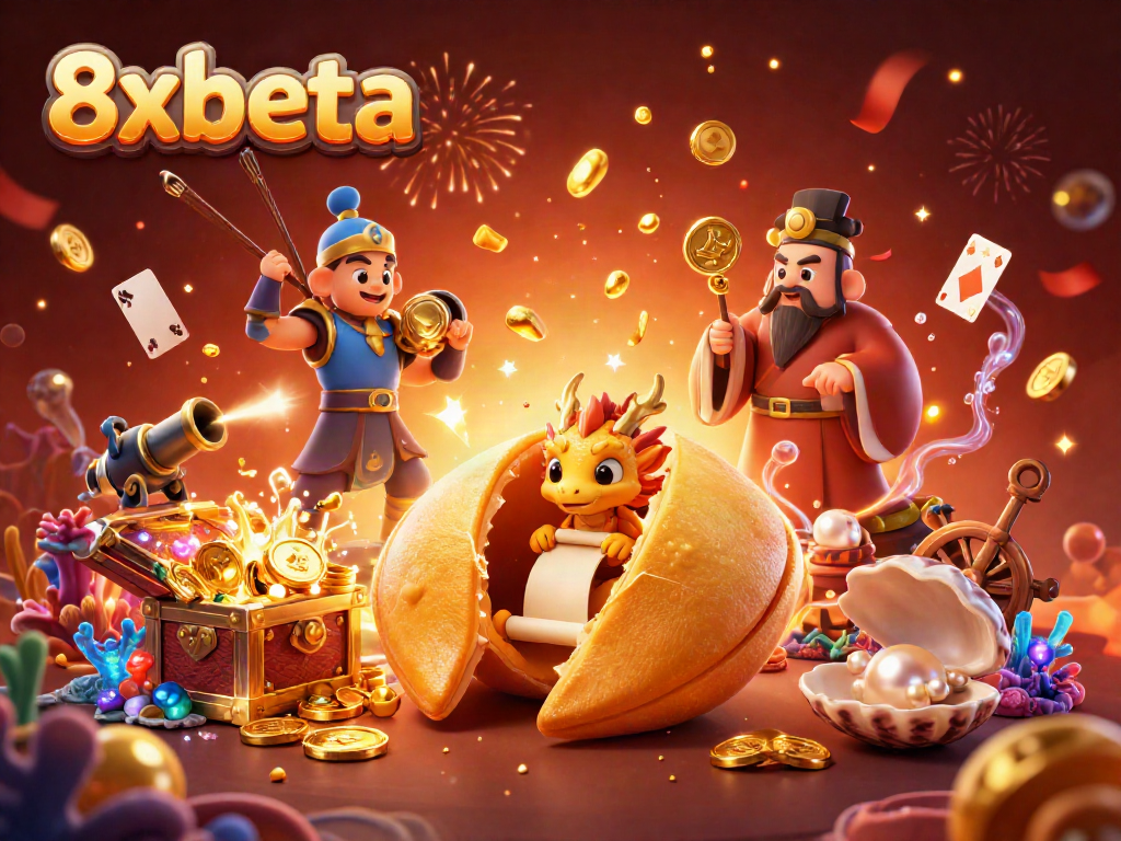 Experience 8xbeta's dynamic casino adventure with a golden fortune cookie scene full of treasures.