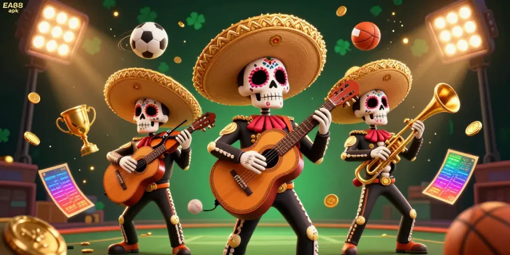 Experience dynamic gaming action with EA88 apk featuring a festive mariachi band in a rich casino scene.