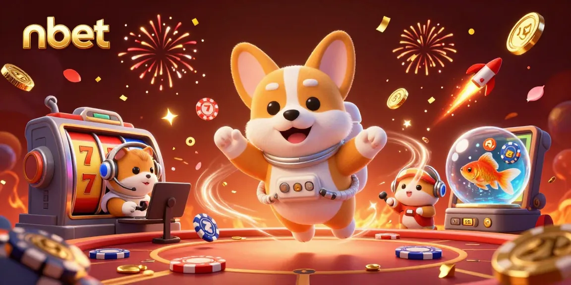 Experience the thrill of nbet with a floating astronaut corgi amid dazzling casino elements.