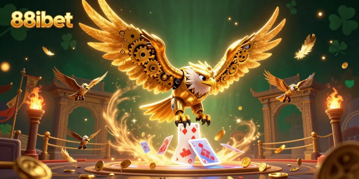 Engage with 88ibet's thrilling mega-casino scene featuring a cybernetic eagle surrounded by dynamic playing cards and gold tokens.