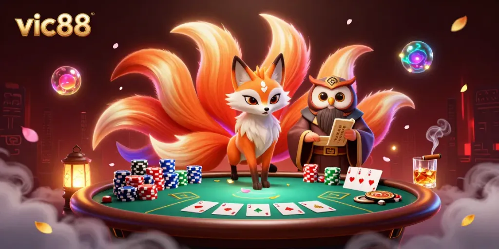 Engage with vic88 in this lively 3D scene of a mystical casino world, showcasing poker elements and vibrant characters.