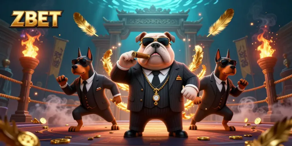 ZBET showcases thrilling betting action in a vibrant casino scene featuring a mafia boss and bodyguards.