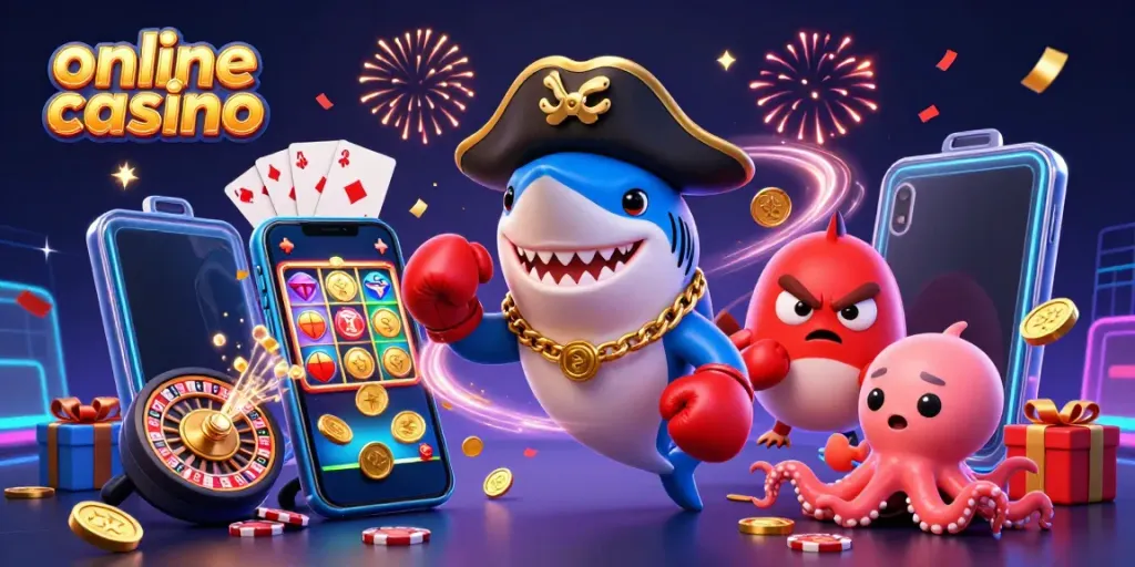 Engaging 3D pirate shark leads a vibrant online casino adventure with games and gold coins.
