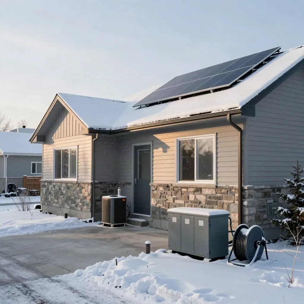 Snowy Canadian home with solar panels, heat pump and battery cabinet in winter dawn light.