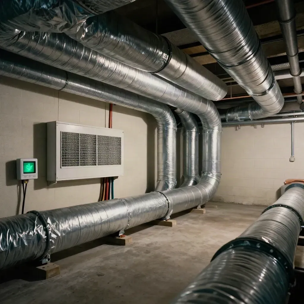 Basement HVAC room with insulated ducts, return grille and thermostat base glowing green