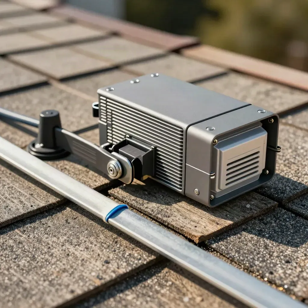 Solar mounting parts and a battery corner on a roof sample with crisp macro texture and blue accent.