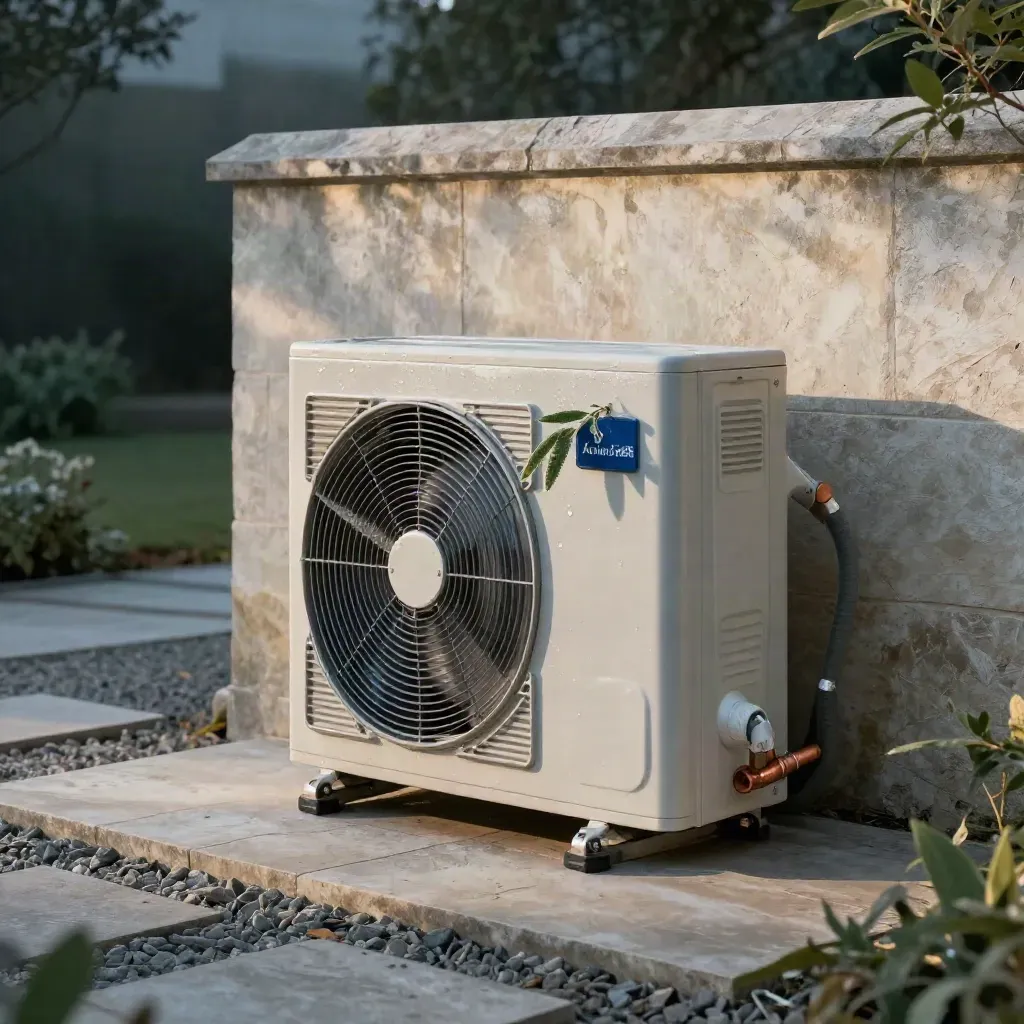New heat pump beside a limestone wall at dusk, with insulated lines and a clean retrofit finish.