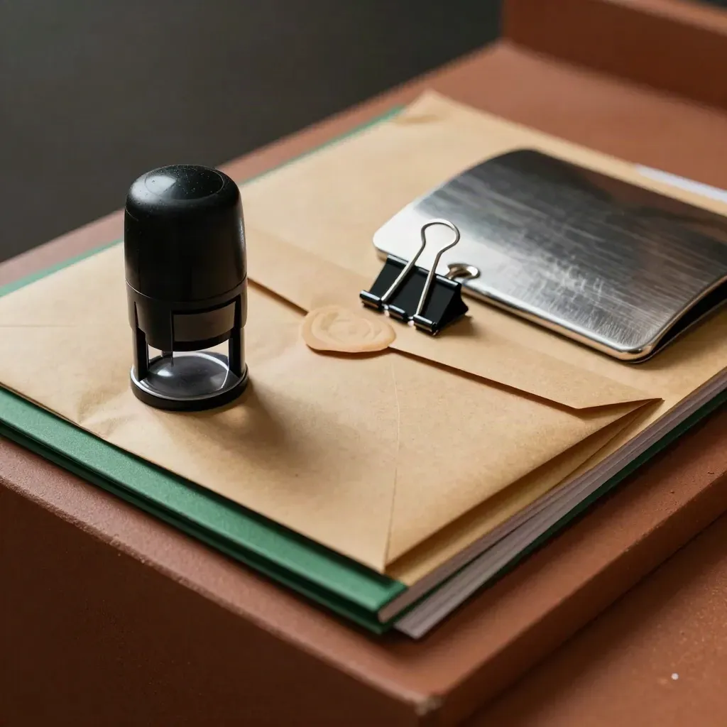 Stamp, sealed envelopes, binder clip and metal sleeve on a terracotta sorting shelf.