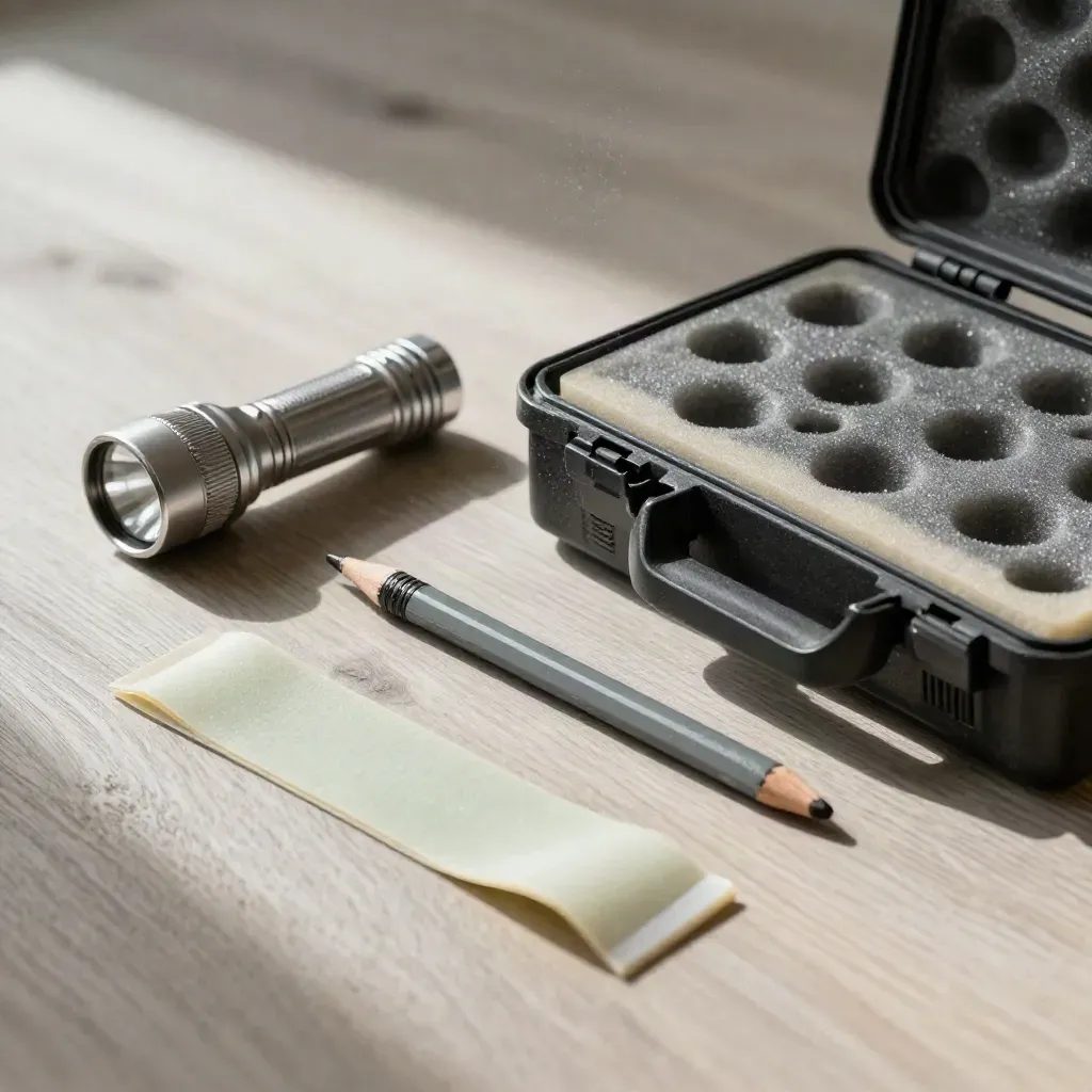 Open inspection kit on pale wood: thermal case, smoke pencil, flashlight, and attic seal strip in soft light.
