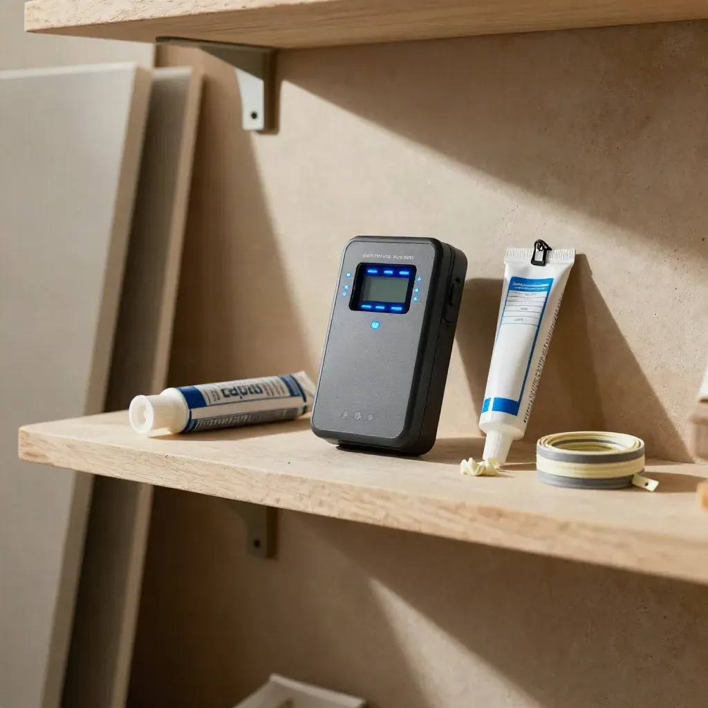 Battery monitor, service tag, mastic tube and zip ties on a utility shelf