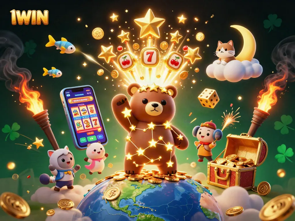IWIN jackpot explosion with constellation bear and colorful casino game elements shining bright