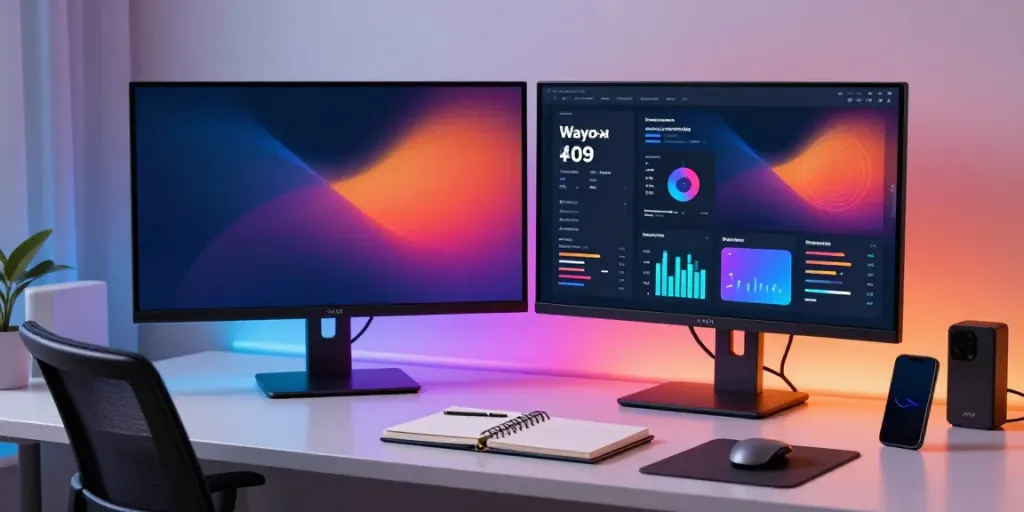 Wayo Ads analytics dashboard in a modern tech workspace with advanced software displays.