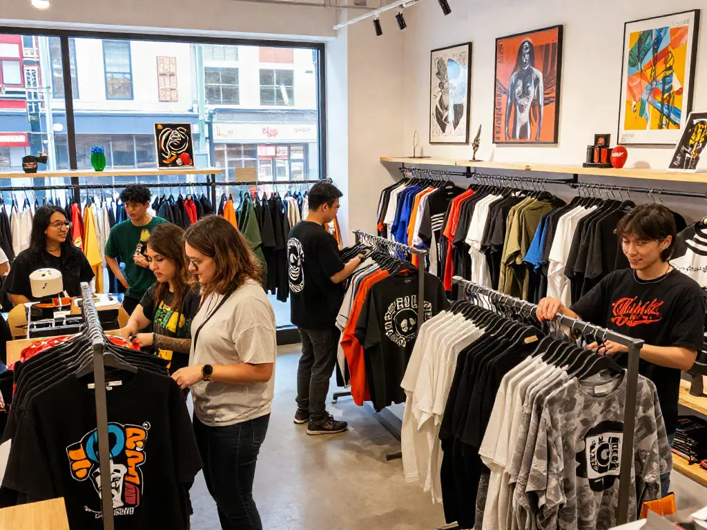 Youthful shoppers exploring exclusive rokok88 merchandise in a trendy urban shop.