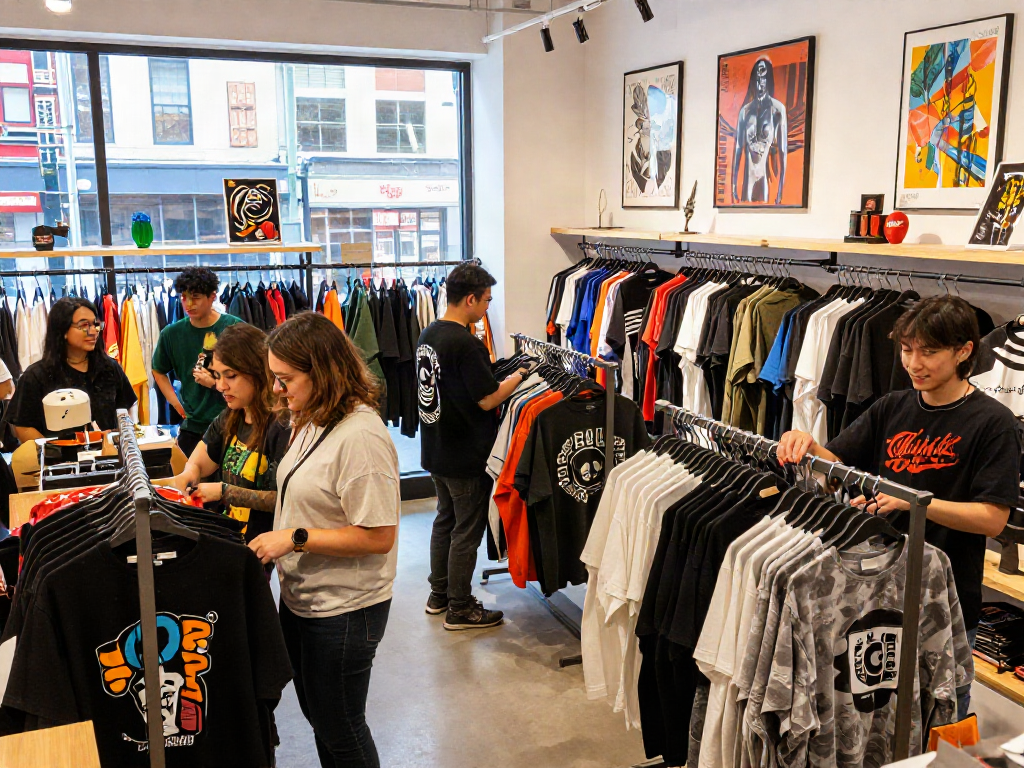 Youthful shoppers exploring exclusive rokok88 merchandise in a trendy urban shop.