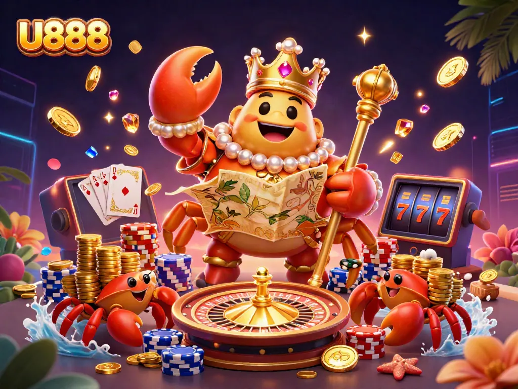Experience the U888 casino excitement with a majestic golden crab emperor and vibrant gaming elements.