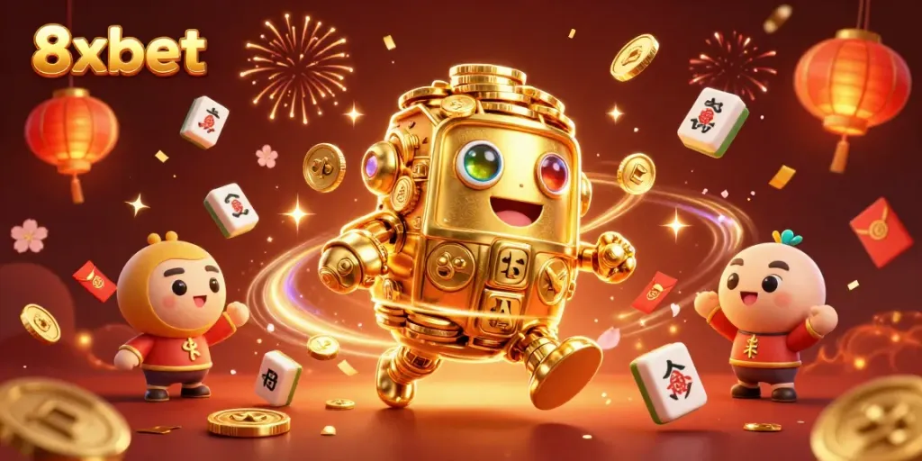 Experience the thrilling world of 8xbet with a vibrant 3D golden golem amidst dynamic casino elements.