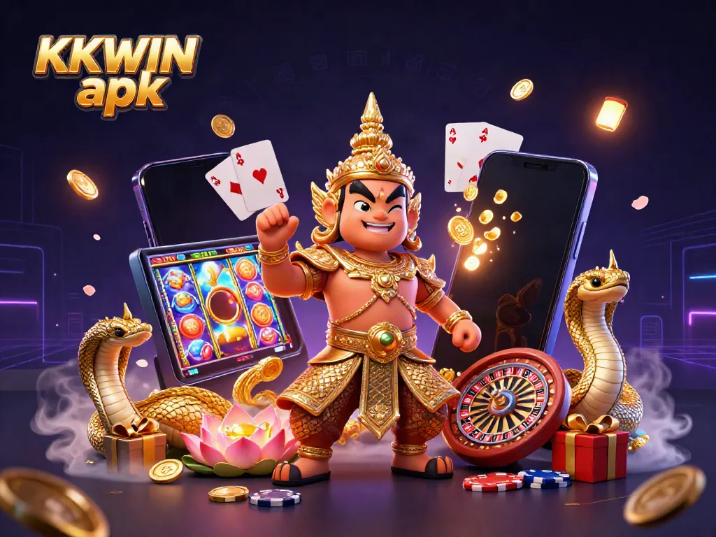 Immerse yourself in the world of KKWIN apk with our vibrant, dynamic 3D casino illustration.