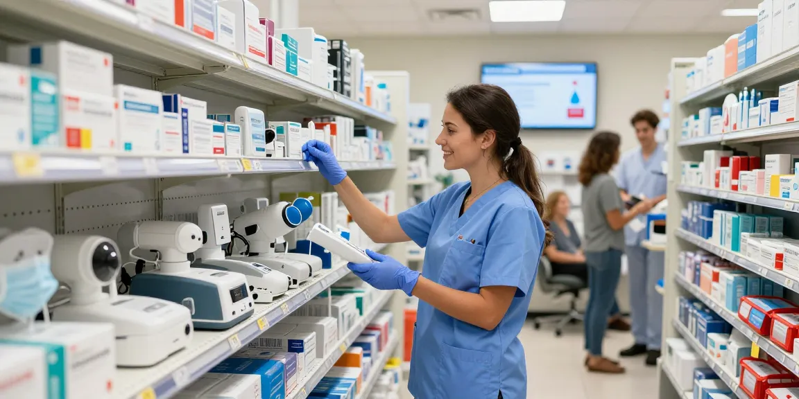 Canadian Medical supplies available in a healthcare store, showcasing diagnostic tools and protective gear.