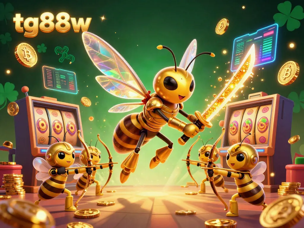 Engage in vibrant casino gameplay with tg88w's exciting 3D hornet characters and glowing cryptocurrency elements.