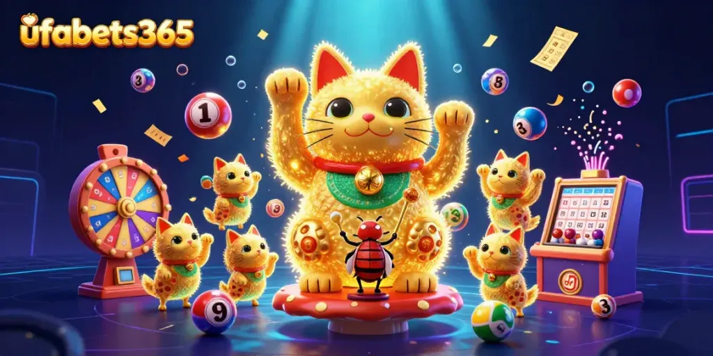 Experience the excitement of ufabets365 as golden fireflies form a lucky cat in a dynamic casino scene.