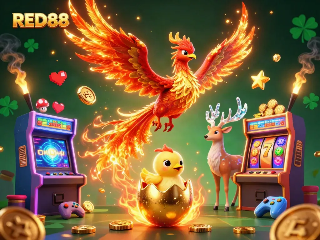 Engage at RED88 with a vibrant scene of a fire phoenix amidst casino elements like colorful slot reels.