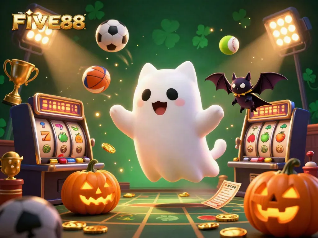Experience gaming excitement with the FIVE88 casino scene featuring a ghost cat and dynamic gameplay elements.
