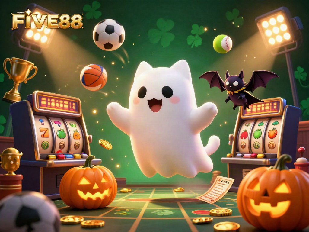 Experience gaming excitement with the FIVE88 casino scene featuring a ghost cat and dynamic gameplay elements.