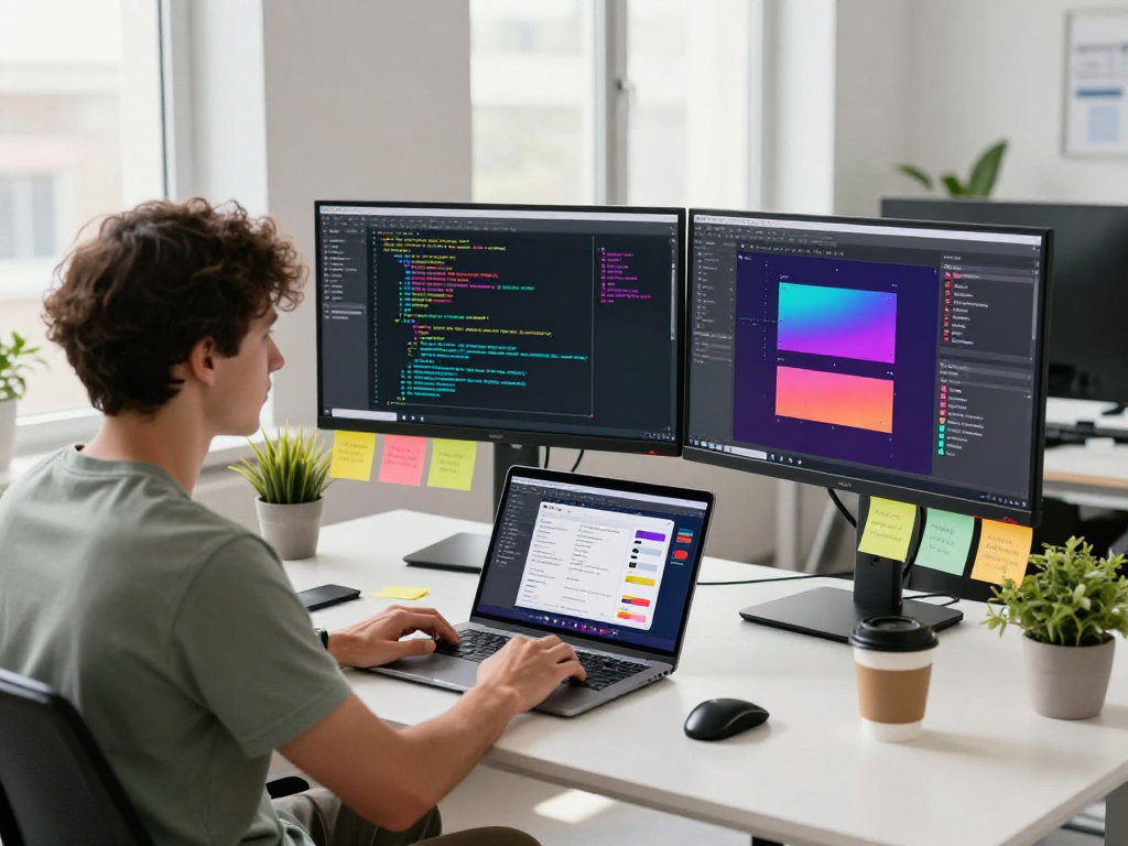 Dynamic workspace of a developer at http://debet-app.com showcasing vibrant coding and design.