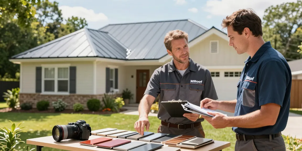MRoof expert discussing metal roofing options with homeowners, showcasing quality materials and professional consultation.