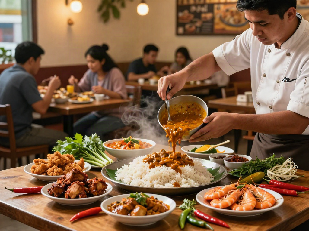 Chef preparing rokok88 Nasi Kandar with rich curries and fresh ingredients