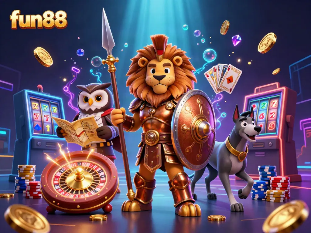 Experience fun88's vibrant casino adventure with a Spartan lion, wise owl, and swift greyhound.