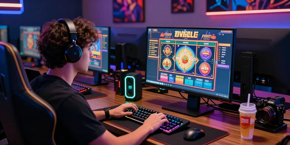 Pengguna permainan slot gacor dengan antusias di depan layar komputer modern, dikelilingi oleh peralatan gaming yang menarik.