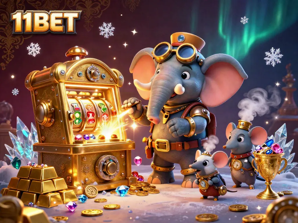 Spin the reels with 11BET in a thrilling casino adventure showcasing a glimmering 3D elephant engineer.