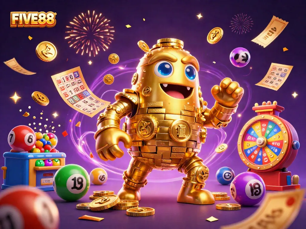 Experience exciting wins with FIVE88 casino's vibrant gaming elements, featuring a dynamic golden golem.