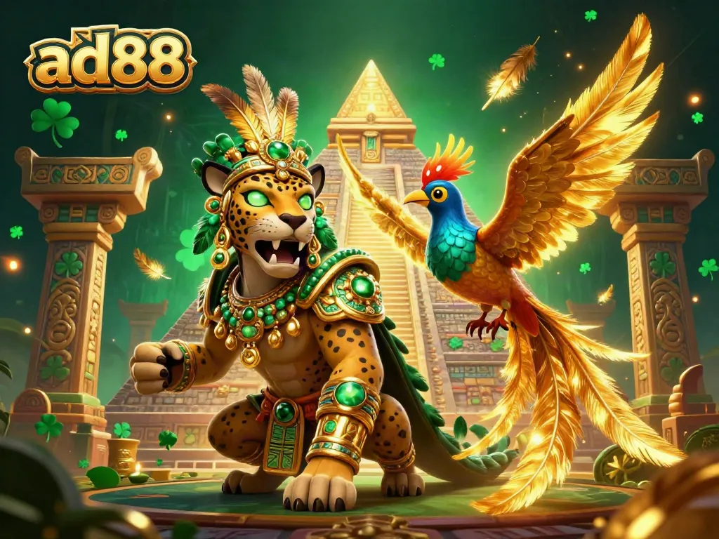 Experience the excitement of ad88's gambling scene with an energetic 3D Mayan priest and golden elements.