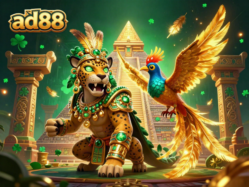 Experience the excitement of ad88's gambling scene with an energetic 3D Mayan priest and golden elements.