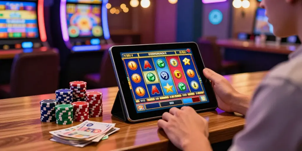 Pengguna menikmati permainan apk slot dengan grafik cerah dan suasana kasino yang meriah