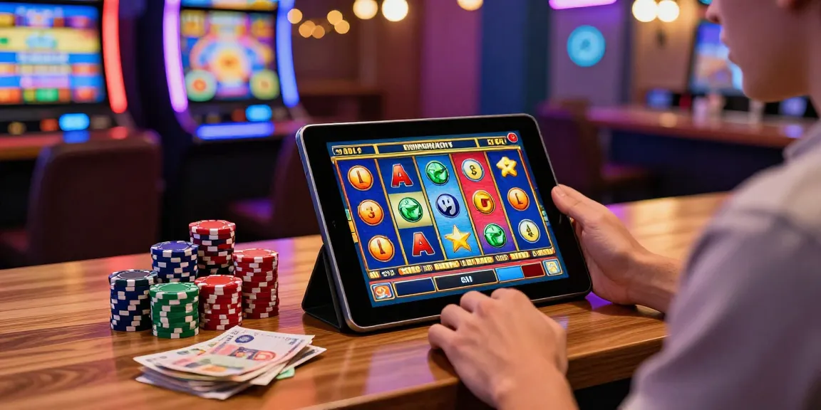 Pengguna menikmati permainan apk slot dengan grafik cerah dan suasana kasino yang meriah