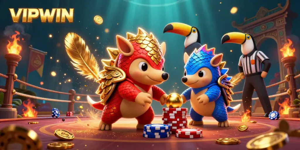 VIPWIN pangolins bowling through poker chips in an exciting casino scene.