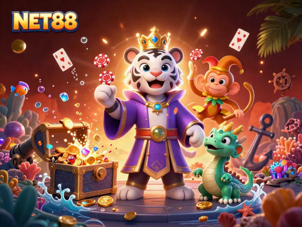 Experience vibrant gameplay at NET88 with a lively scene featuring a majestic tiger and poker elements.