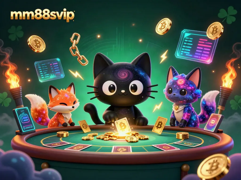 Engage with mm88svip's cosmic casino world featuring a black hole cat and nebula fox, surrounded by crypto coins.