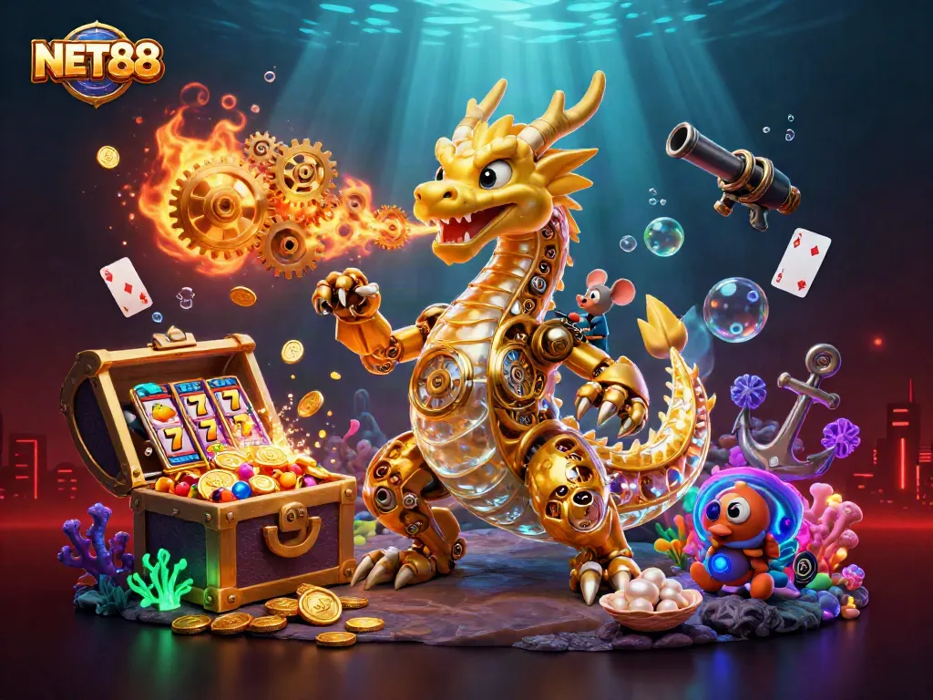 Engage in strategic wins with NET88's vibrant slot themes and premium casino elements in a colorful dragon scene.