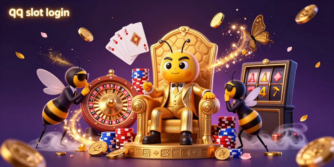Experience the excitement of qq slot login with a dynamic 3D illustration of casino elements and characters.