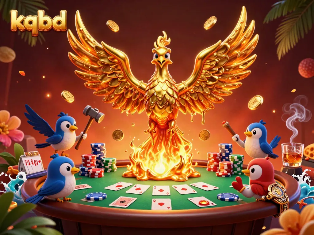 Experience KQBD live scores and poker action with dynamic golden phoenix and poker elements.