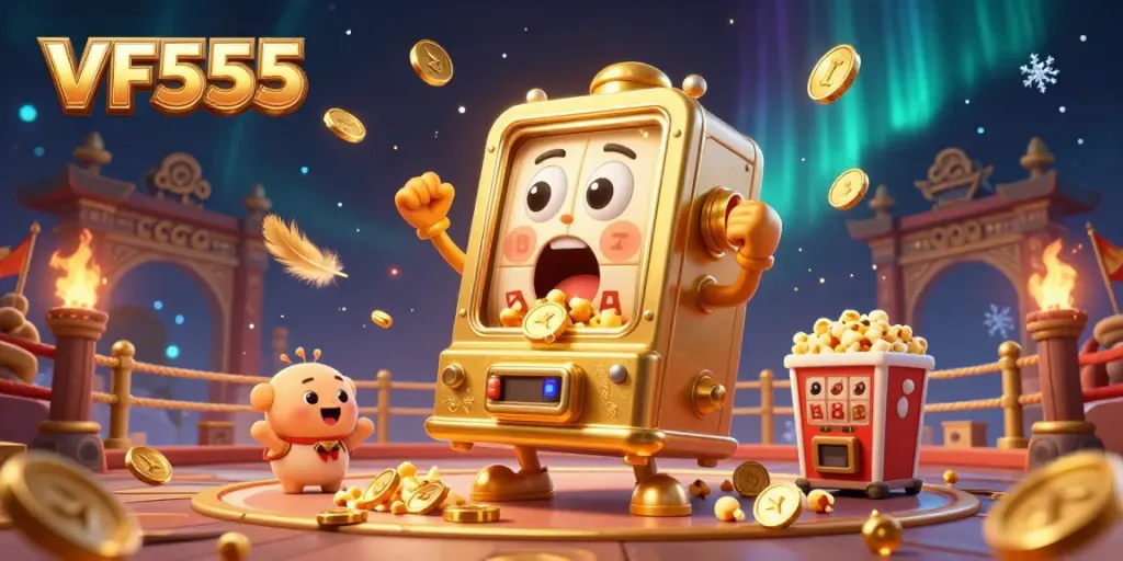 Experience jackpot excitement with VF555's vibrant gaming scene featuring a golden slot machine amidst cheering companions.
