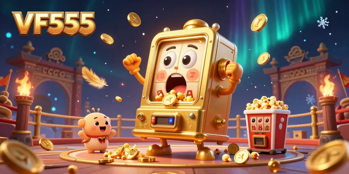 Experience jackpot excitement with VF555's vibrant gaming scene featuring a golden slot machine amidst cheering companions.